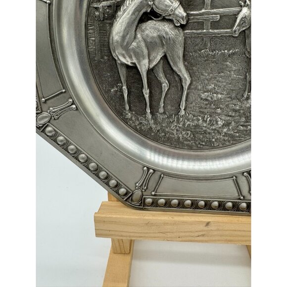 Vintage Pewter Plate Wall Hanging Embossed Mare and Foal KISKIN Belgium Octagon - Picture 7 of 10